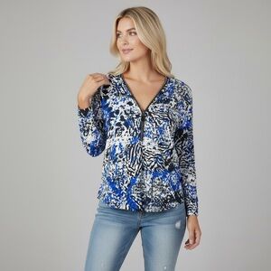 Alfani | Blue & Black Abstract Animal Print Zip Front Top – Long Sleeve Blouse